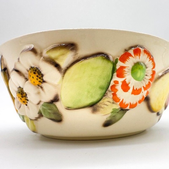 Vintage Cuernavaca Bowl Mexican Hand Painted Embossed Flowers And Fruits Ceramic - Picture 8 of 11